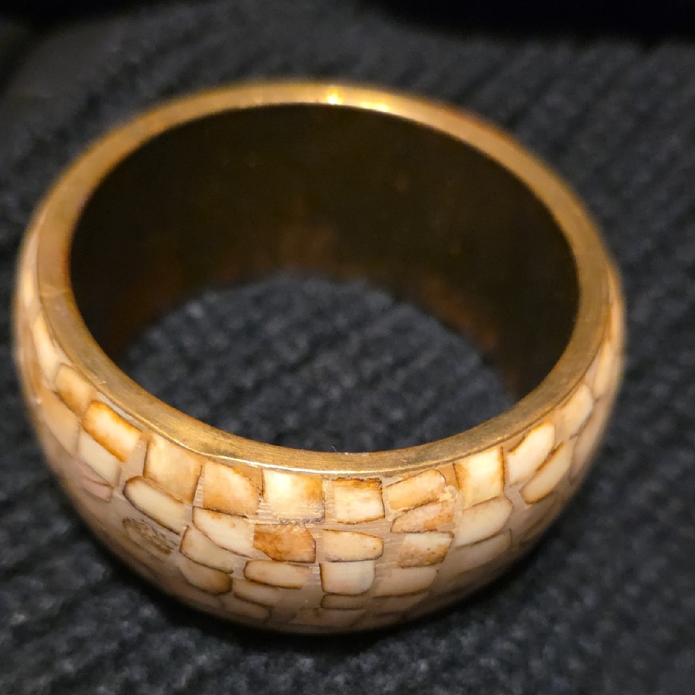 Inlaid Shell? Mosaic Over Brass Bangle Bracelet (Heavy)